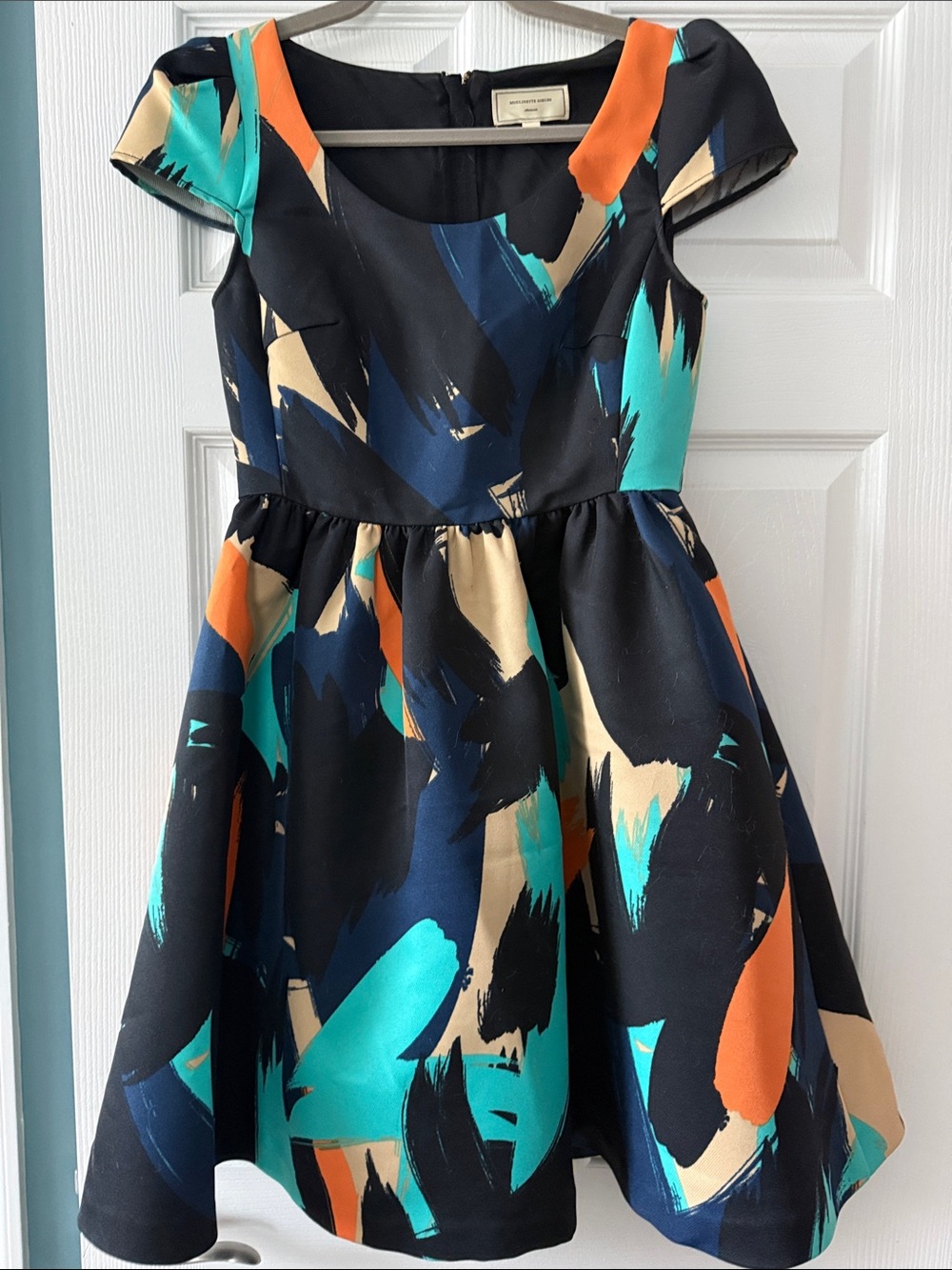 Women’s Black Abstract Print Party Dress with Teal & Orange Accents
